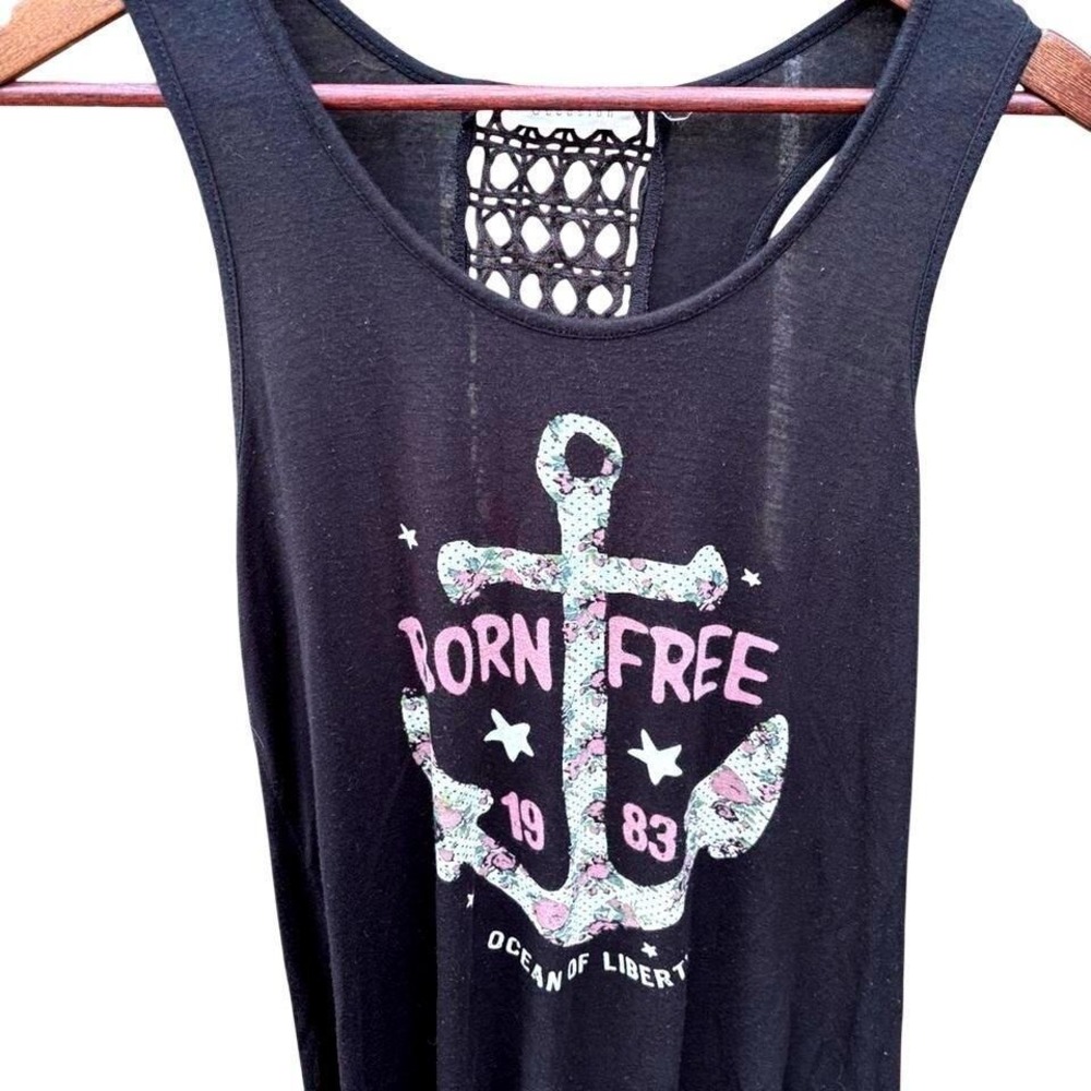 Tank Top Black" Born Free"  Anchor Crochet Lace Racerback Women's Large